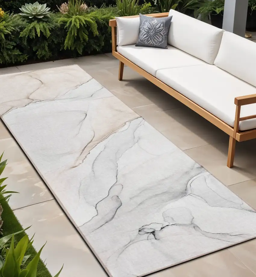 Beige Ivory and Gray Abstract Washable Non Skid Indoor Outdoor Runner Rug Photo 1