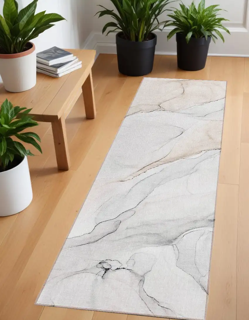 Beige Ivory and Gray Abstract Washable Non Skid Indoor Outdoor Runner Rug Photo 1