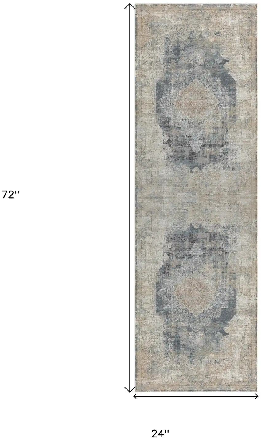 6' Runner Beige Medallion Runner Rug Photo 3