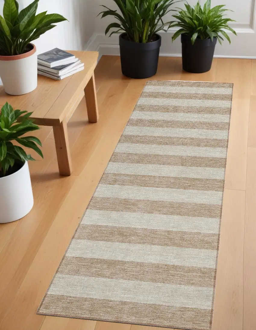 8' Runner Beige Striped Washable Non Skid Indoor Outdoor Runner Rug Photo 1