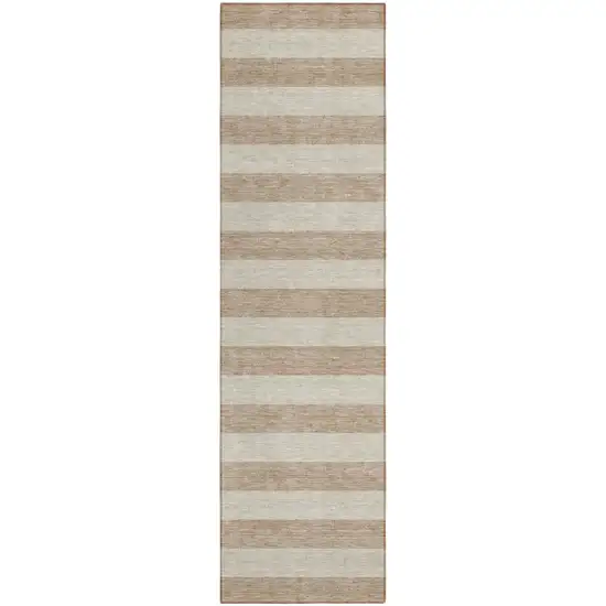 8' Runner Beige Striped Washable Non Skid Indoor Outdoor Runner Rug Photo 2