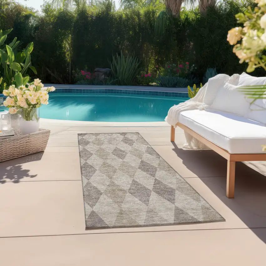 Beige Taupe and Brown Geometric Washable Non Skid Indoor Outdoor Runner Rug Photo 7