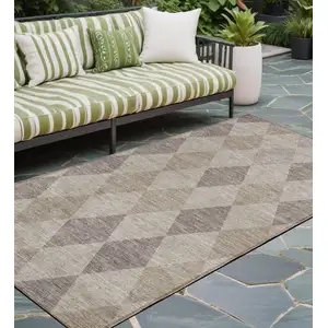 Photo of 8' Runner Beige Taupe and Brown Geometric Washable Non Skid Indoor Outdoor Runner Rug