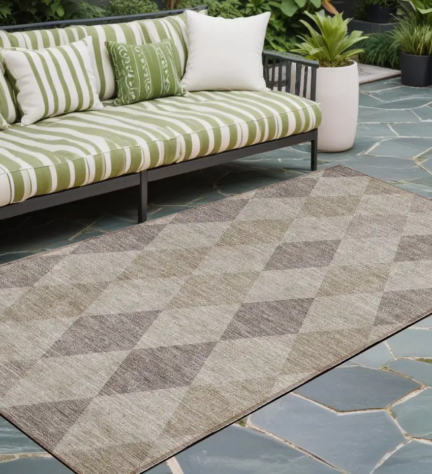 8' Runner Beige Taupe and Brown Geometric Washable Non Skid Indoor Outdoor Runner Rug Photo 1