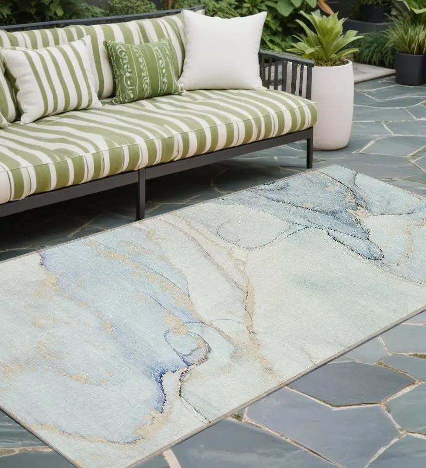 Beige and Blue Abstract Washable Non Skid Indoor Outdoor Runner Rug Photo 1