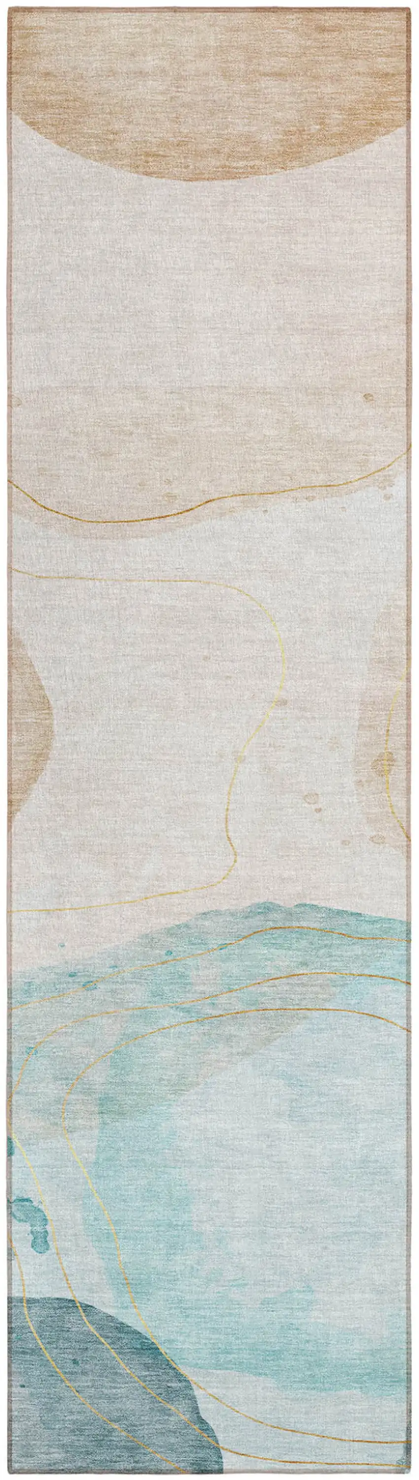 Beige and Blue Abstract Washable Non Skid Indoor Outdoor Runner Rug Photo 2