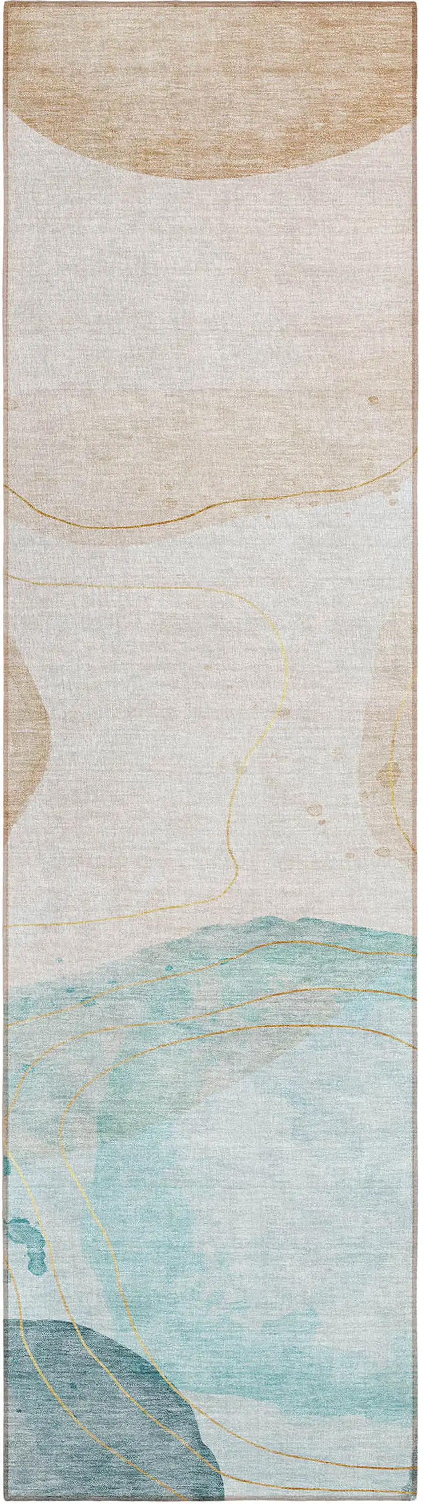 Beige and Blue Abstract Washable Non Skid Indoor Outdoor Runner Rug Photo 2