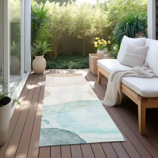 Beige and Blue Abstract Washable Non Skid Indoor Outdoor Runner Rug Photo 8