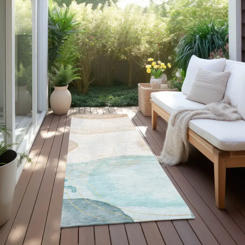 Beige and Blue Abstract Washable Non Skid Indoor Outdoor Runner Rug Photo 8