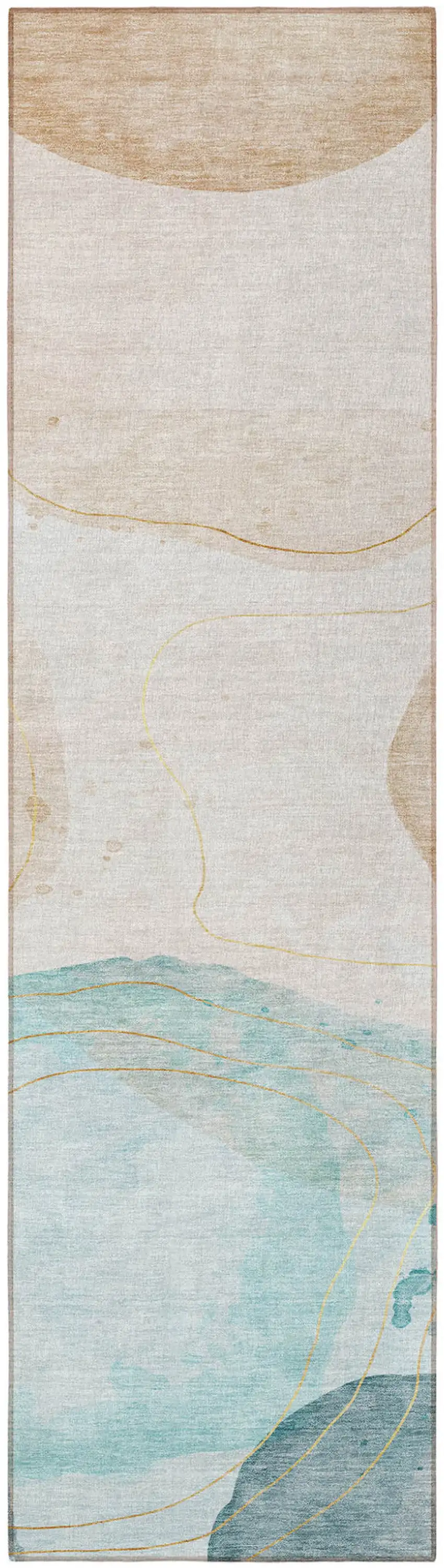 Beige and Blue Abstract Washable Non Skid Indoor Outdoor Runner Rug Photo 4