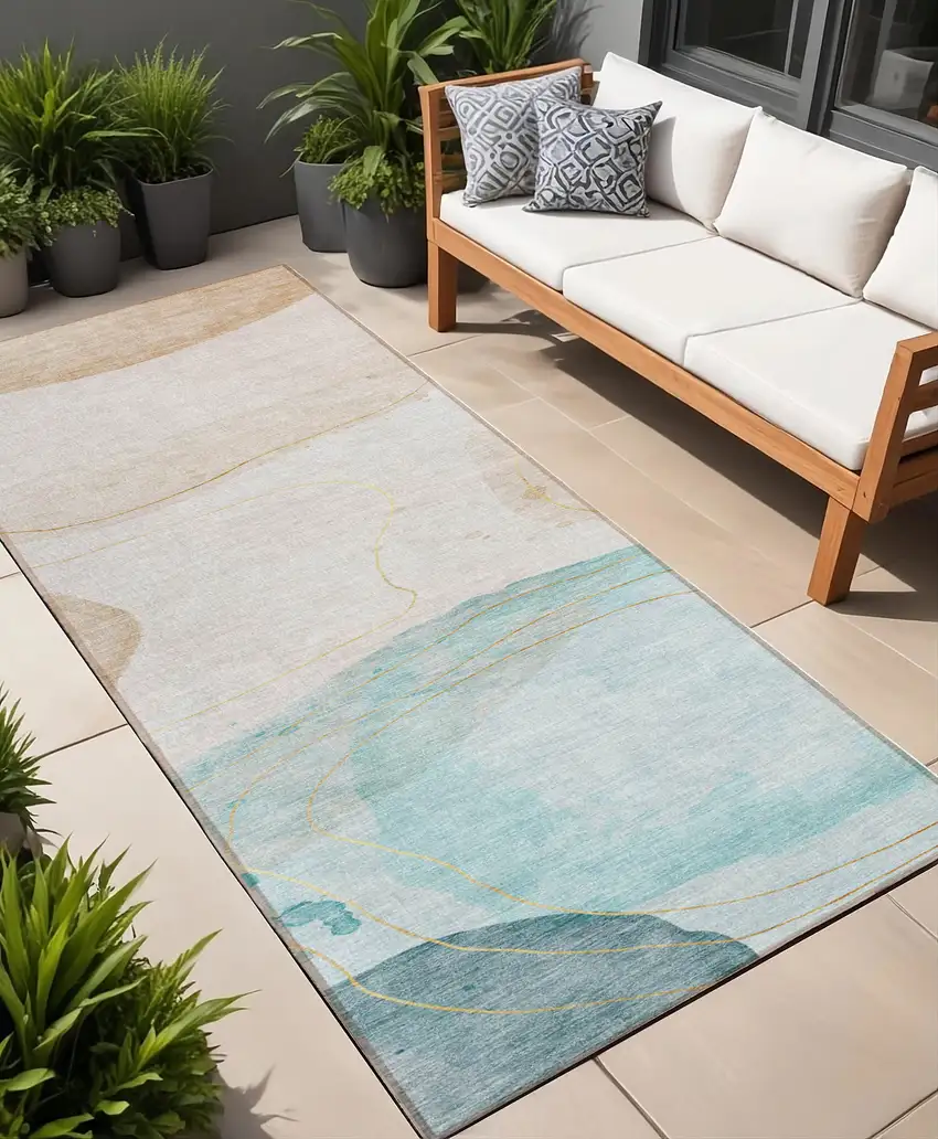Beige and Blue Abstract Washable Non Skid Indoor Outdoor Runner Rug Photo 1