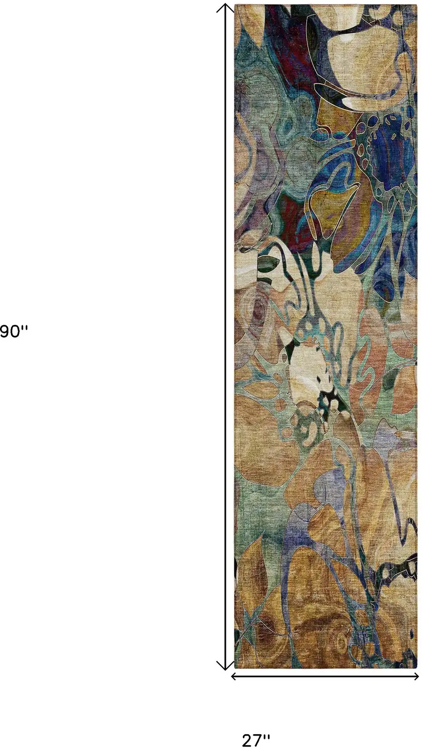 8' Runner Beige and Blue Abstract Washable Indoor Outdoor Runner Rug Photo 9