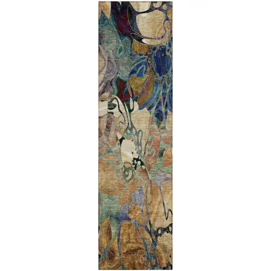 Beige and Blue Abstract Washable Indoor Outdoor Runner Rug Photo 2