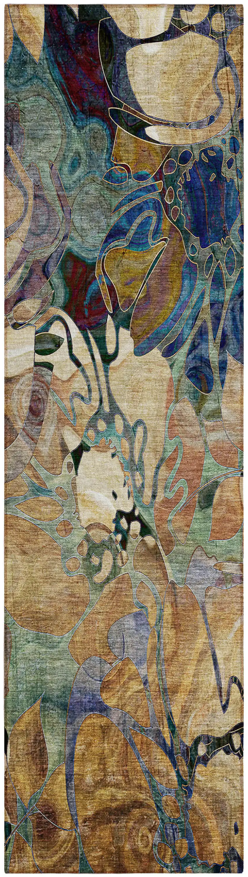 Beige and Blue Abstract Washable Indoor Outdoor Runner Rug Photo 2