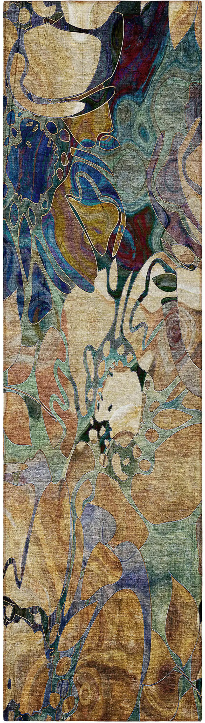 8' Runner Beige and Blue Floral Washable Non Skid Indoor Outdoor Runner Rug Photo 2