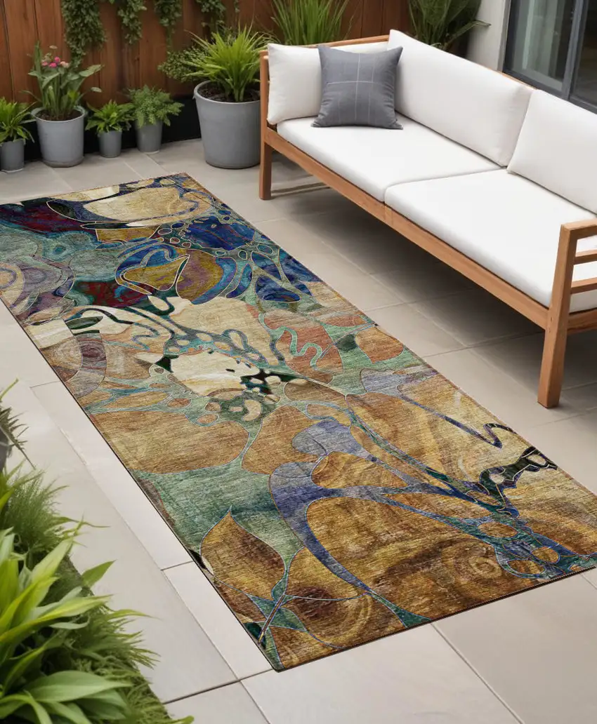 Beige and Blue Abstract Washable Indoor Outdoor Runner Rug Photo 1