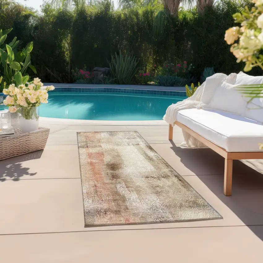 8' Runner Beige and Brown Washable Non Skid Indoor Outdoor Runner Rug Photo 6