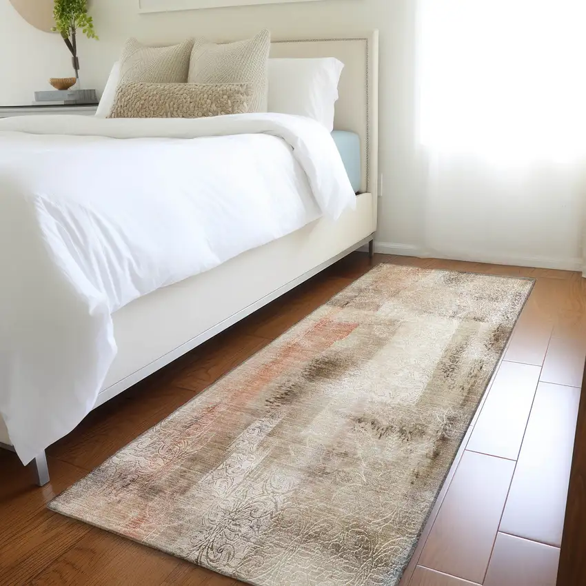 Beige and Brown Washable Non Skid Indoor Outdoor Runner Rug Photo 7