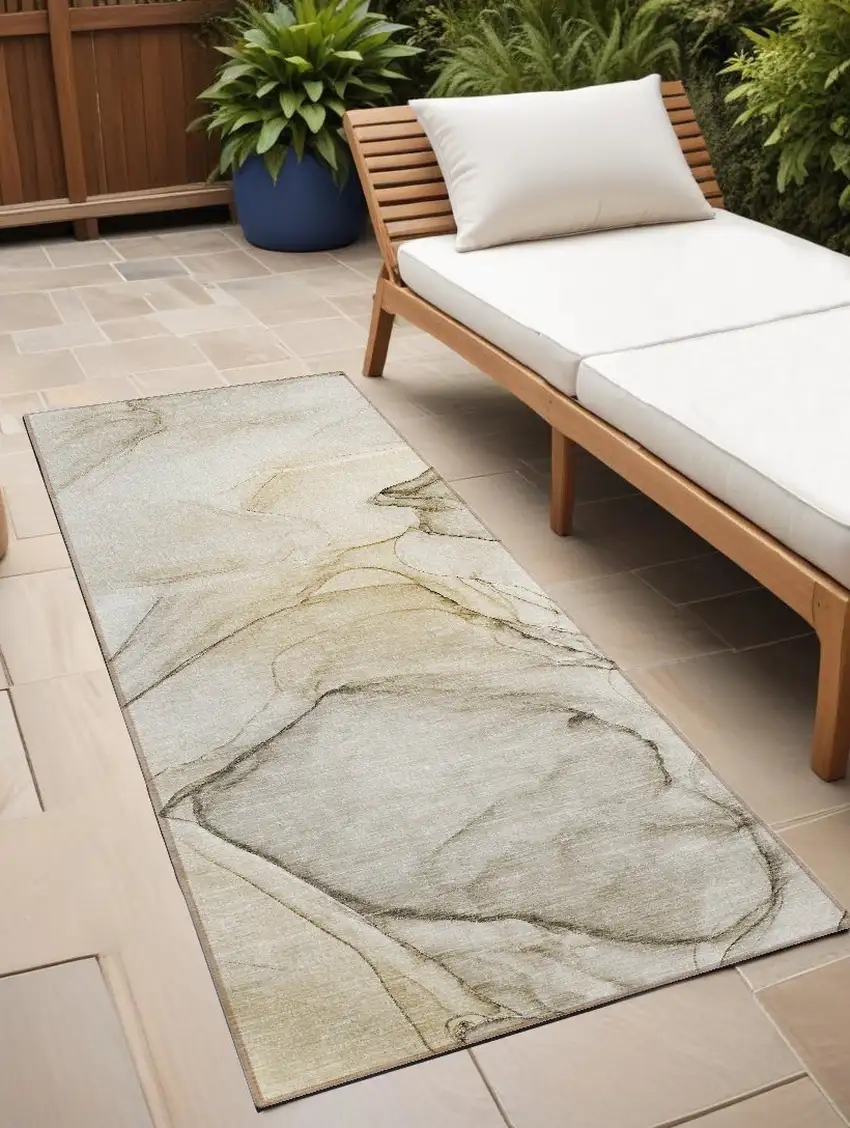Beige and Gray Abstract Washable Non Skid Indoor Outdoor Runner Rug Photo 1