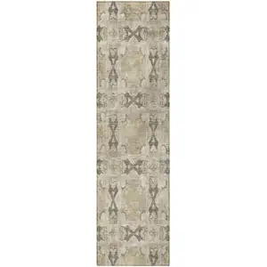 Photo of 8' Runner Beige and Gray Floral Medallion Washable Non Skid Indoor Outdoor Runner Rug