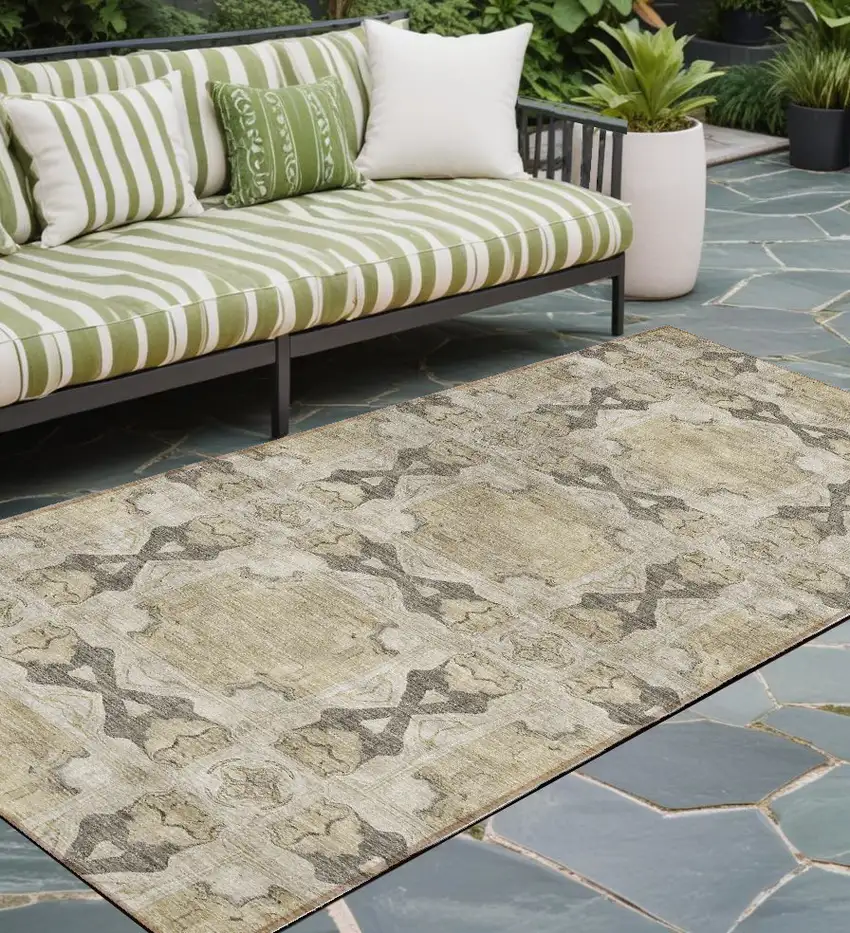 Beige and Gray Floral Medallion Washable Non Skid Indoor Outdoor Runner Rug Photo 1