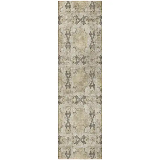 Beige and Gray Floral Medallion Washable Non Skid Indoor Outdoor Runner Rug Photo 4