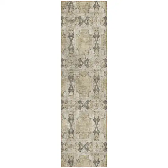 Beige and Gray Floral Medallion Washable Non Skid Indoor Outdoor Runner Rug Photo 2