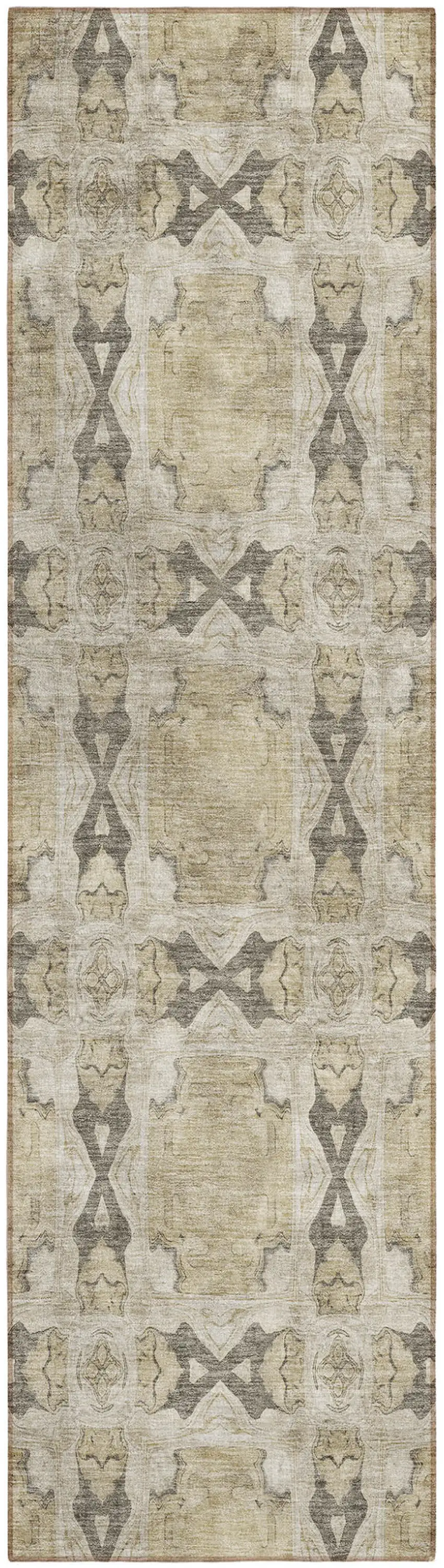 Beige and Gray Floral Medallion Washable Non Skid Indoor Outdoor Runner Rug Photo 2