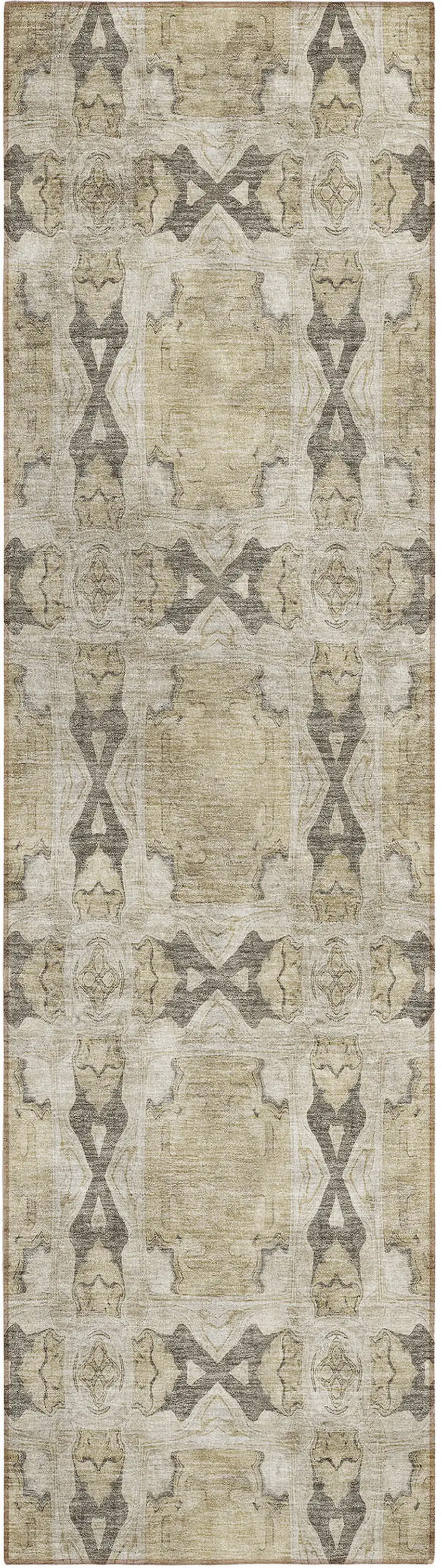 Beige and Gray Floral Medallion Washable Non Skid Indoor Outdoor Runner Rug Photo 2