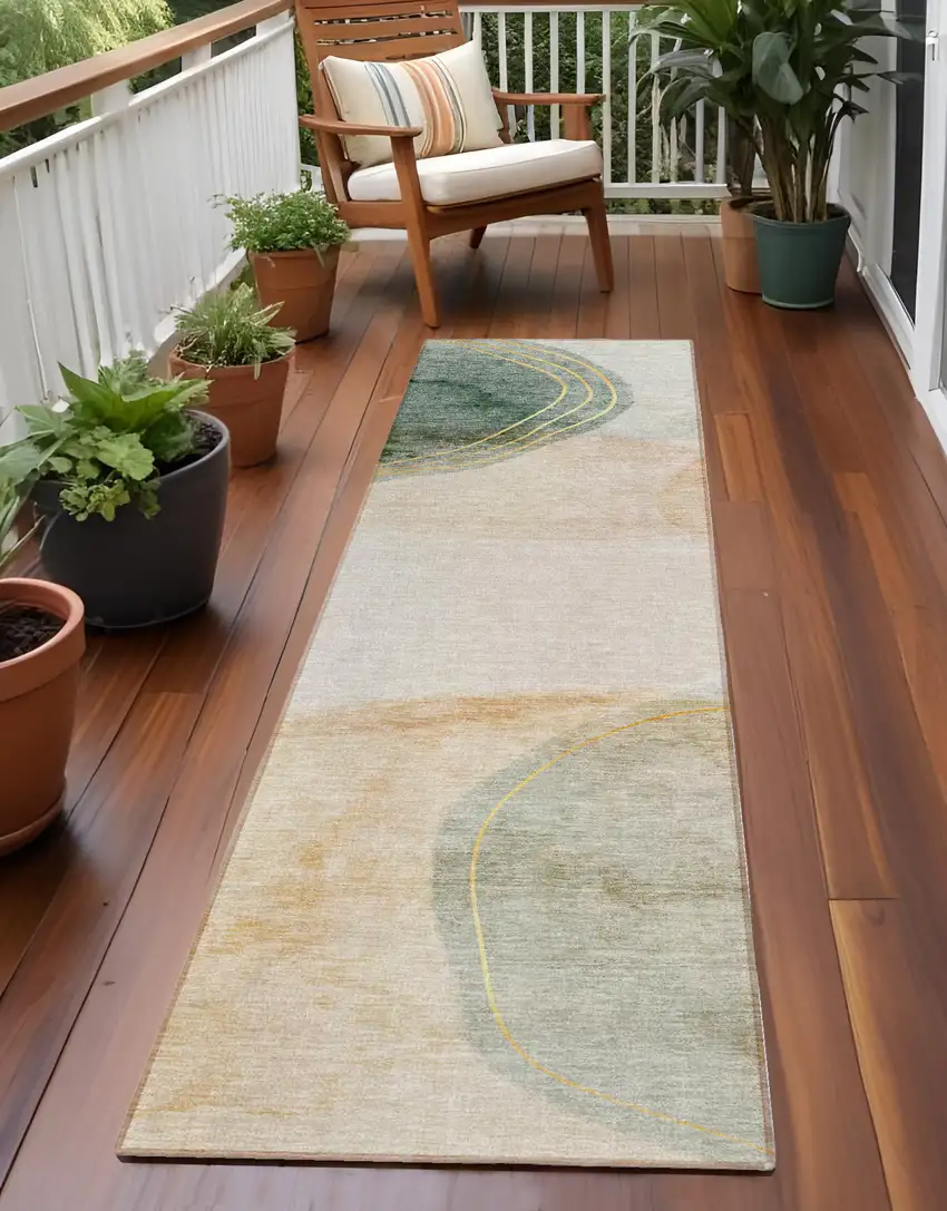 Beige and Green Abstract Washable Non Skid Indoor Outdoor Runner Rug Photo 1