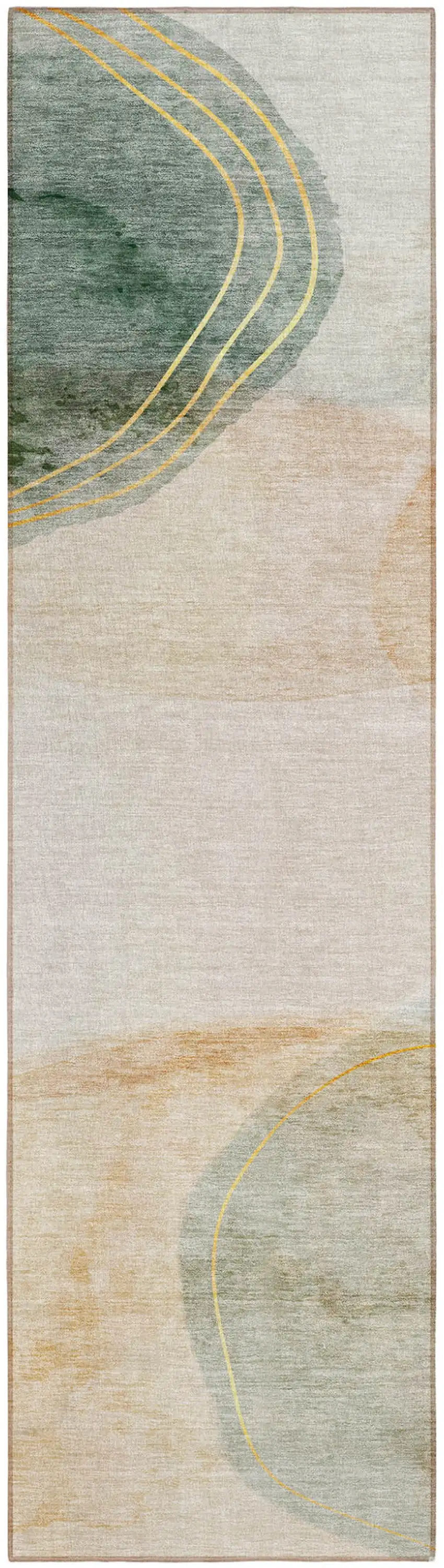 Beige and Green Abstract Washable Non Skid Indoor Outdoor Runner Rug Photo 2
