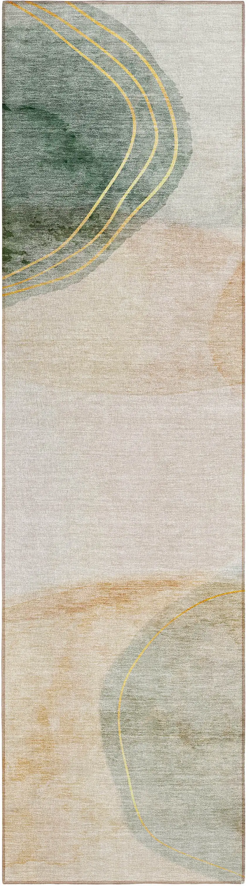 Beige and Green Abstract Washable Non Skid Indoor Outdoor Runner Rug Photo 2