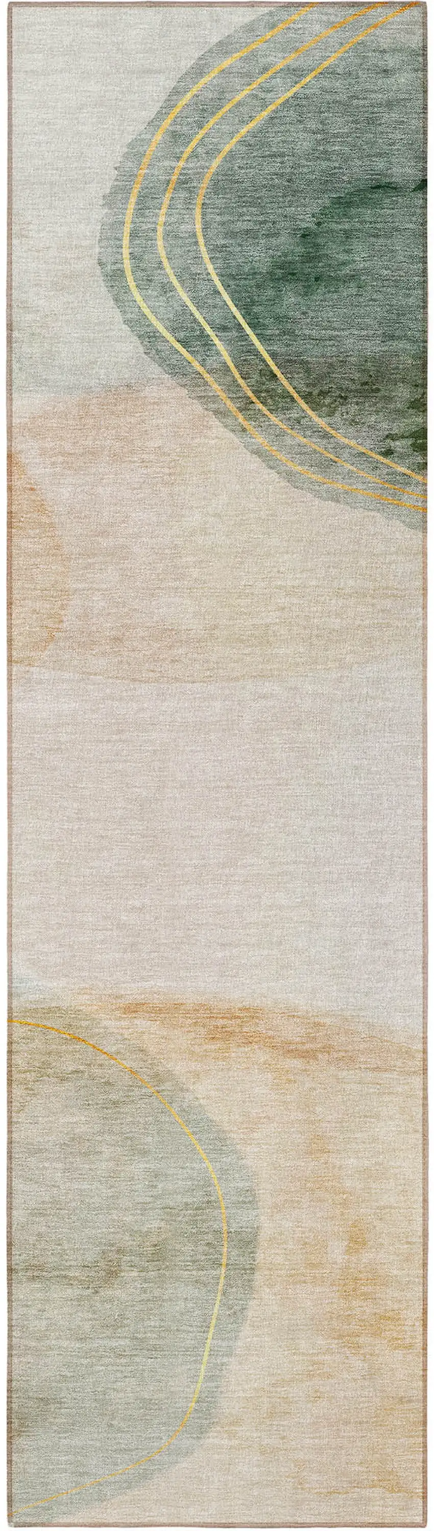 Beige and Green Abstract Washable Non Skid Indoor Outdoor Runner Rug Photo 4