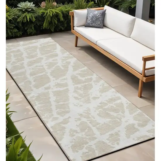 Beige and Ivory Abstract Washable Non Skid Indoor Outdoor Runner Rug Photo 1