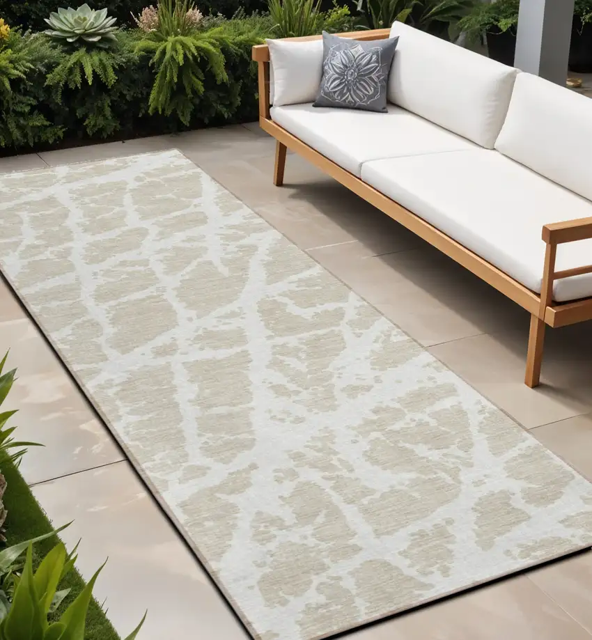 Beige and Ivory Abstract Washable Non Skid Indoor Outdoor Runner Rug Photo 1