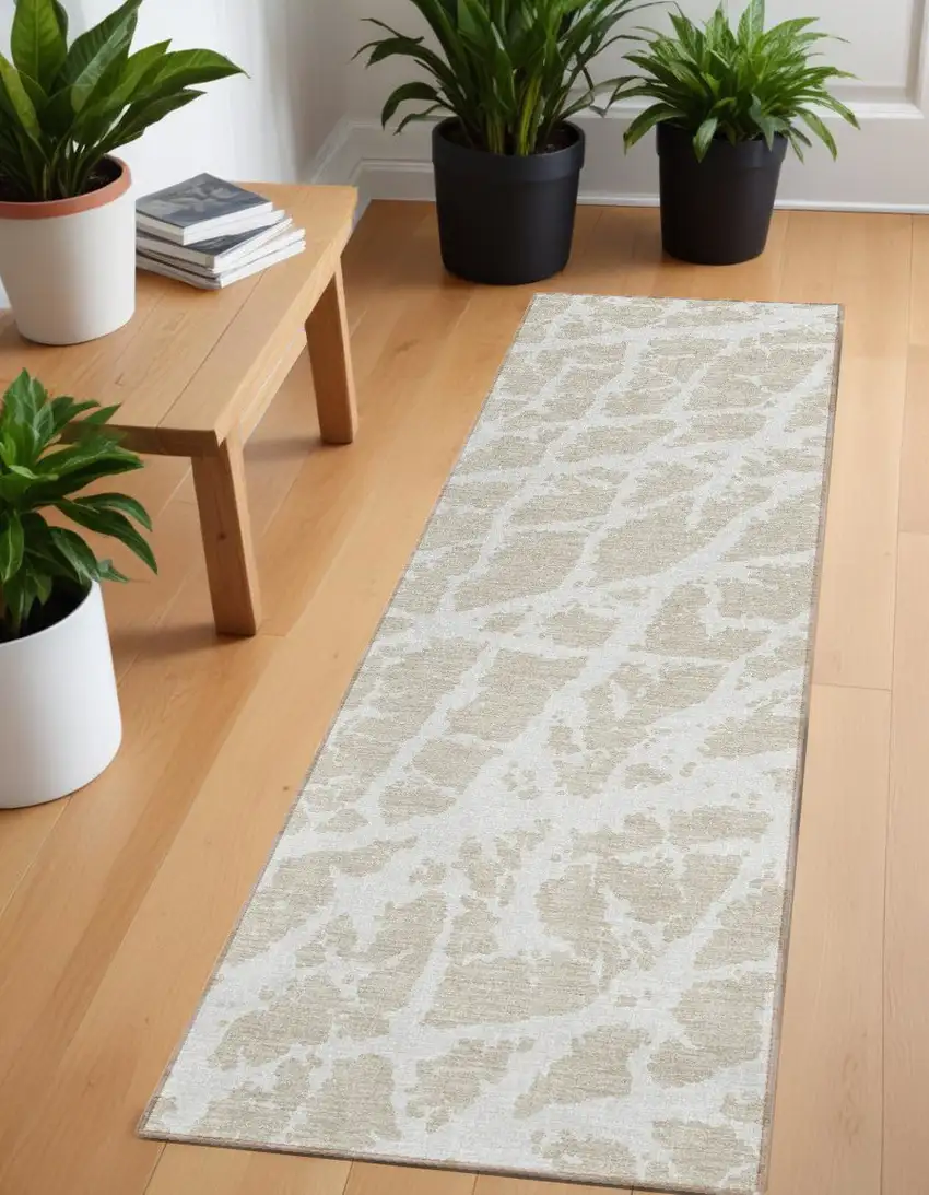 8' Runner Beige and Ivory Abstract Washable Non Skid Indoor Outdoor Runner Rug Photo 1