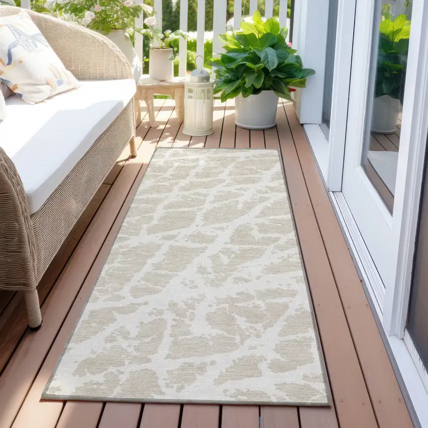 8' Runner Beige and Ivory Abstract Washable Non Skid Indoor Outdoor Runner Rug Photo 8