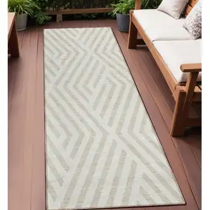 Photo of 8' Runner Beige and Ivory Geometric Washable Non Skid Indoor Outdoor Runner Rug
