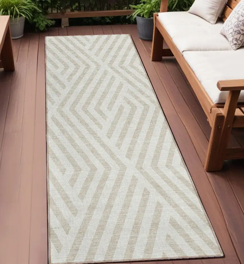 8' Runner Beige and Ivory Geometric Washable Non Skid Indoor Outdoor Runner Rug Photo 1