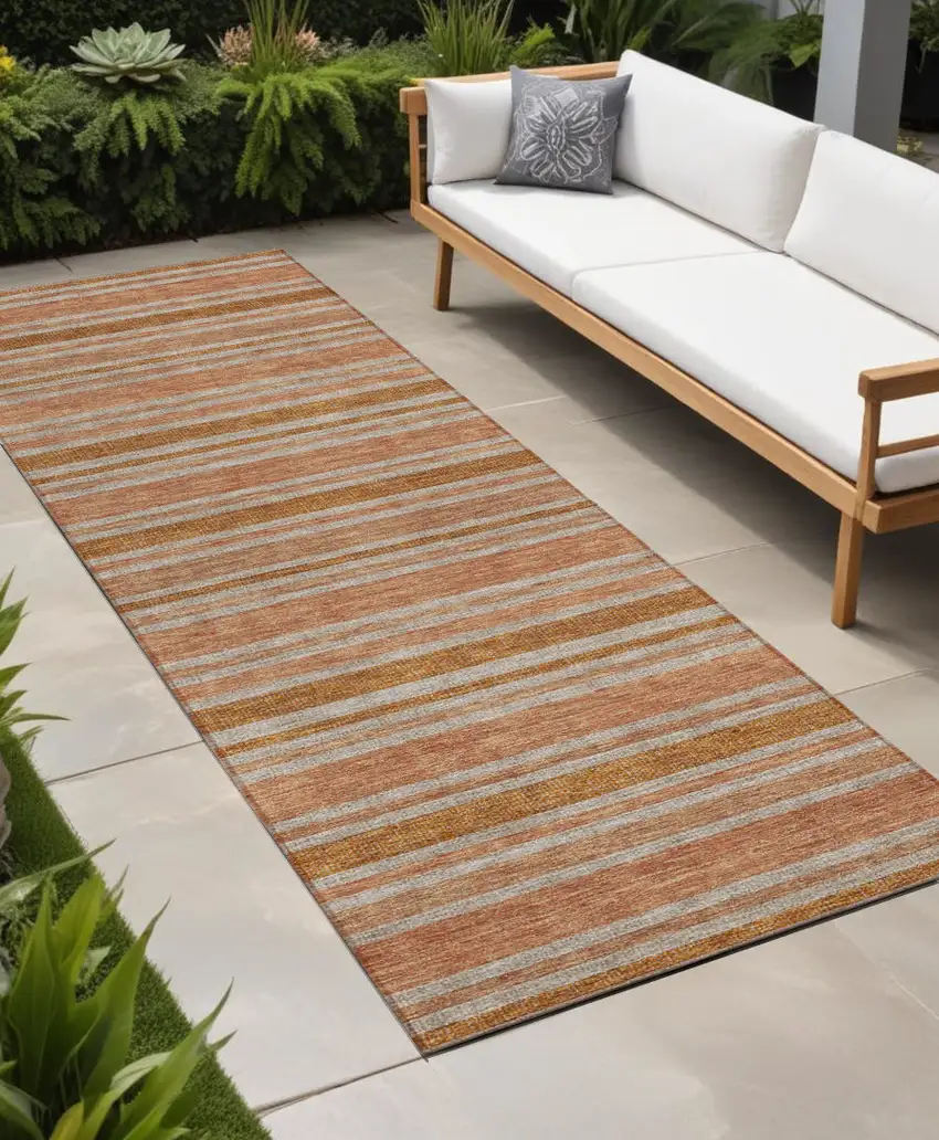 Beige and Orange Striped Washable Indoor Outdoor Runner Rug Photo 1