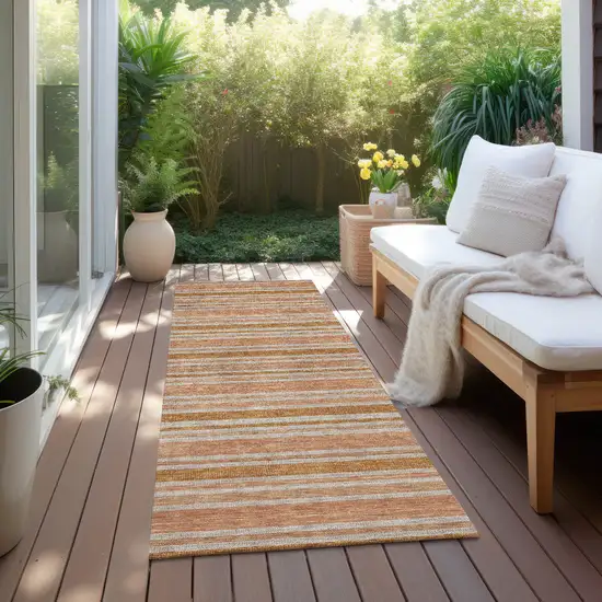 Beige and Orange Striped Washable Indoor Outdoor Runner Rug Photo 6
