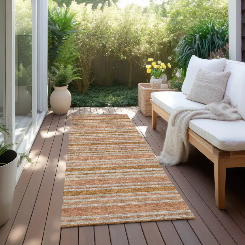 Beige and Orange Striped Washable Indoor Outdoor Runner Rug Photo 6