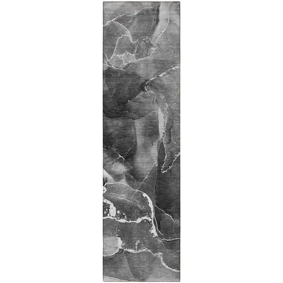 Black Gray and White Abstract Washable Non Skid Indoor Outdoor Runner Rug Photo 5