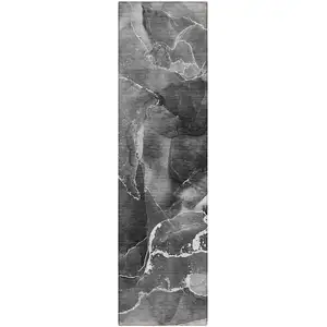 Photo of 8' Runner Black Gray and White Abstract Washable Non Skid Indoor Outdoor Runner Rug
