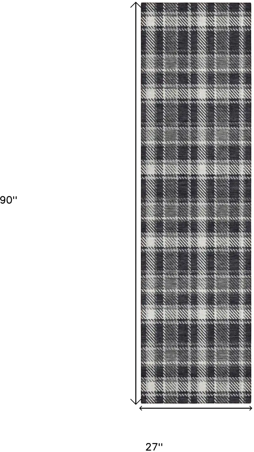 8' Runner Black Gray and White Plaid Washable Non Skid Indoor Outdoor Runner Rug Photo 3