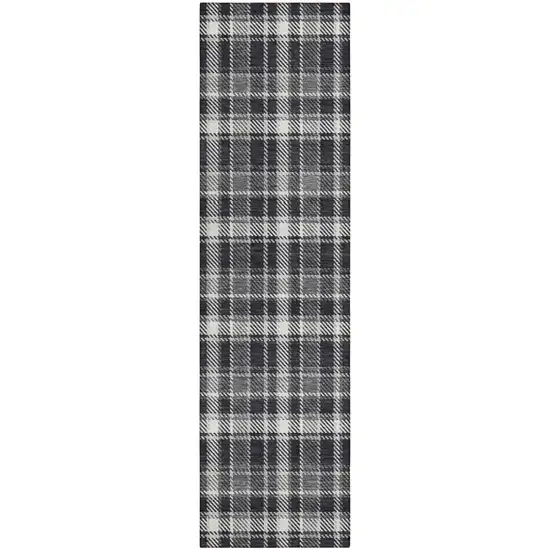 Black Gray and White Plaid Washable Non Skid Indoor Outdoor Runner Rug Photo 2
