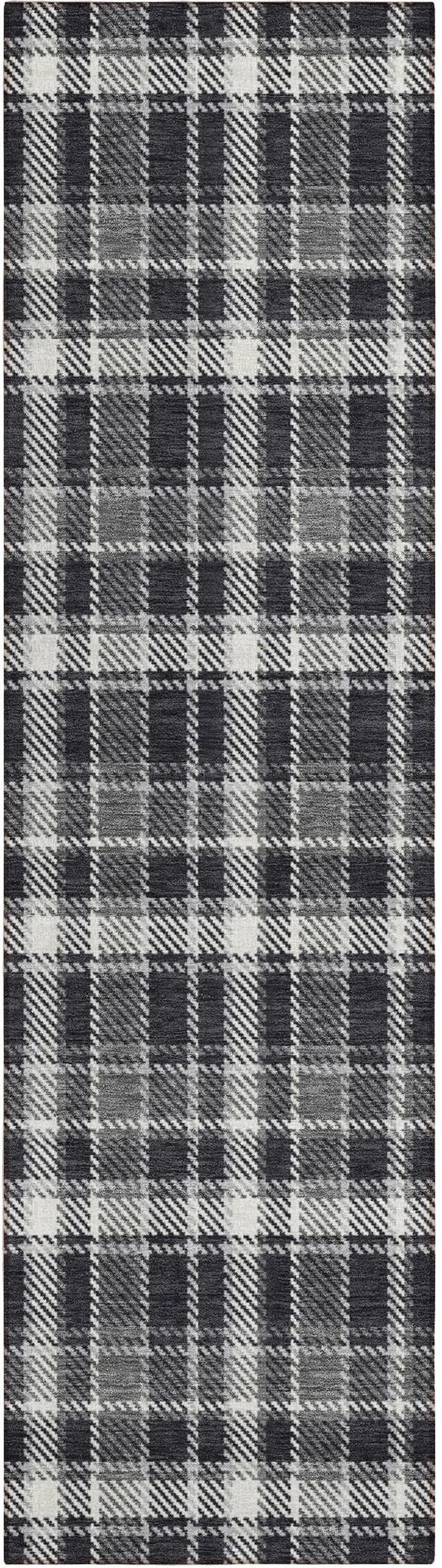 Black Gray and White Plaid Washable Non Skid Indoor Outdoor Runner Rug Photo 2