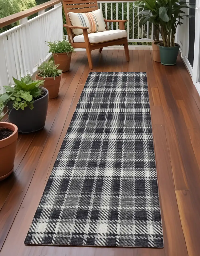 Black Gray and White Plaid Washable Non Skid Indoor Outdoor Runner Rug Photo 1
