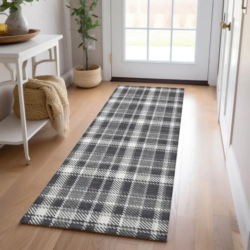 8' Runner Black Gray and White Plaid Washable Non Skid Indoor Outdoor Runner Rug Photo 9