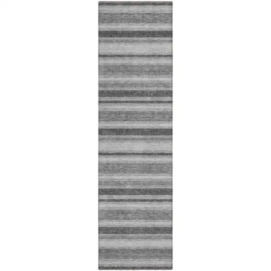 Black Silver and Gray Striped Washable Indoor Outdoor Runner Rug Photo 2